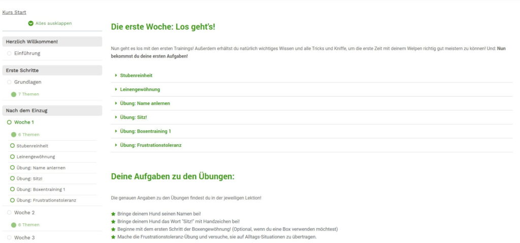 So sieht die Lernoberfläche aus von der Welpenschule Sarah Löwenstein